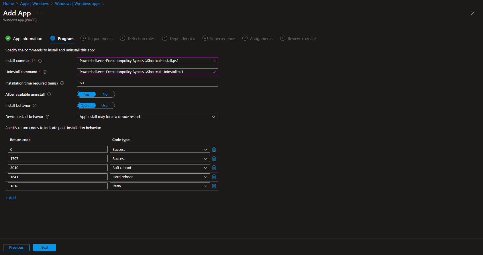 App information settings in Intune